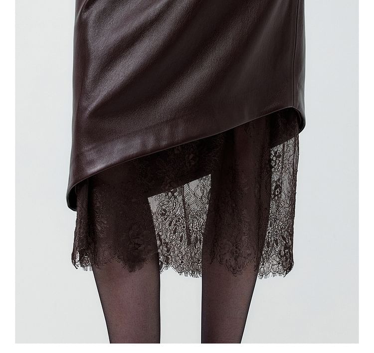 High Waist Plain Lace Panel Faux Leather Midi Pencil Skirt