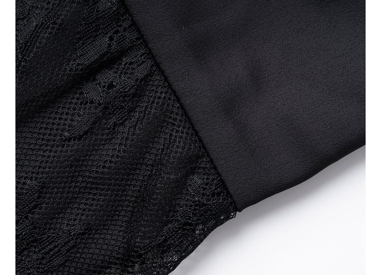 High Waist Plain Lace Panel Faux Leather Midi Pencil Skirt