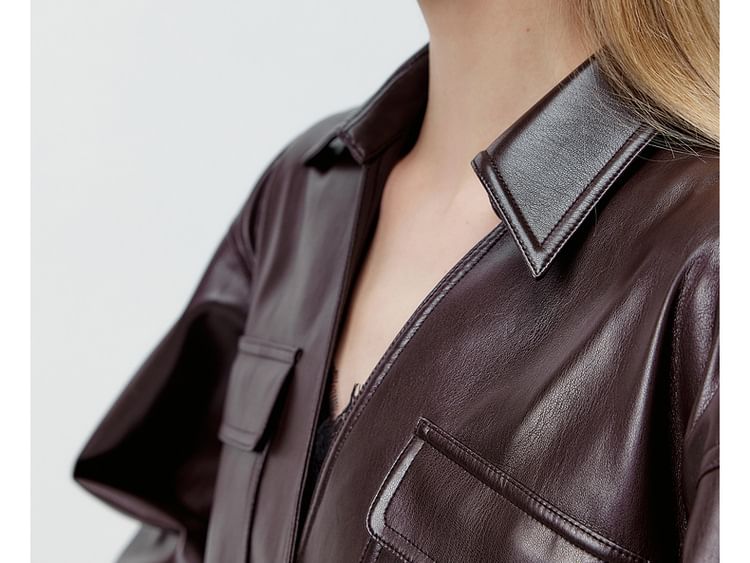 Collar Plain Belted Faux Leather Button Jacket / High Rise Lace Panel Faux Leather Midi Pencil Skirt