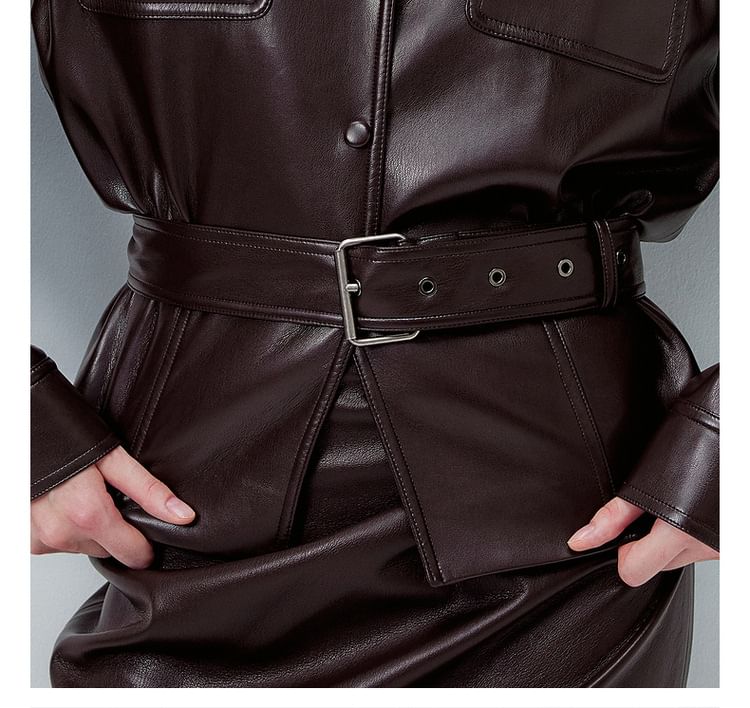 Collar Plain Belted Faux Leather Button Jacket / High Rise Lace Panel Faux Leather Midi Pencil Skirt