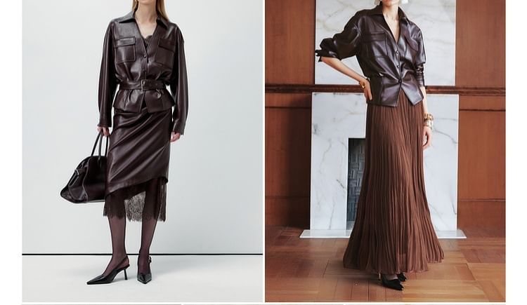 Collar Plain Belted Faux Leather Button Jacket / High Rise Lace Panel Faux Leather Midi Pencil Skirt