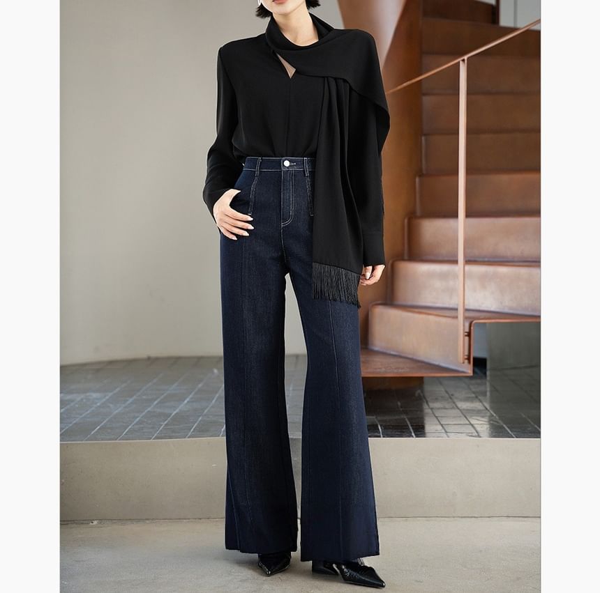 Long-Sleeve Tie-Neck Plain Blouse