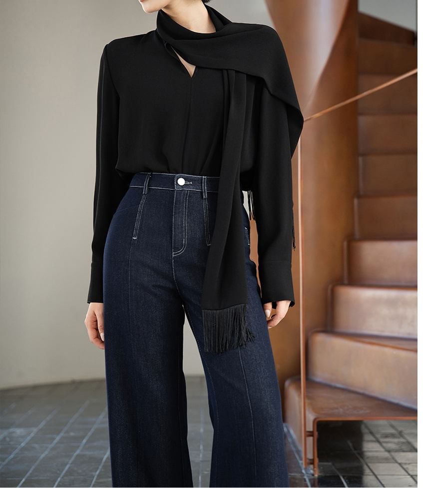 Long-Sleeve Tie-Neck Plain Blouse