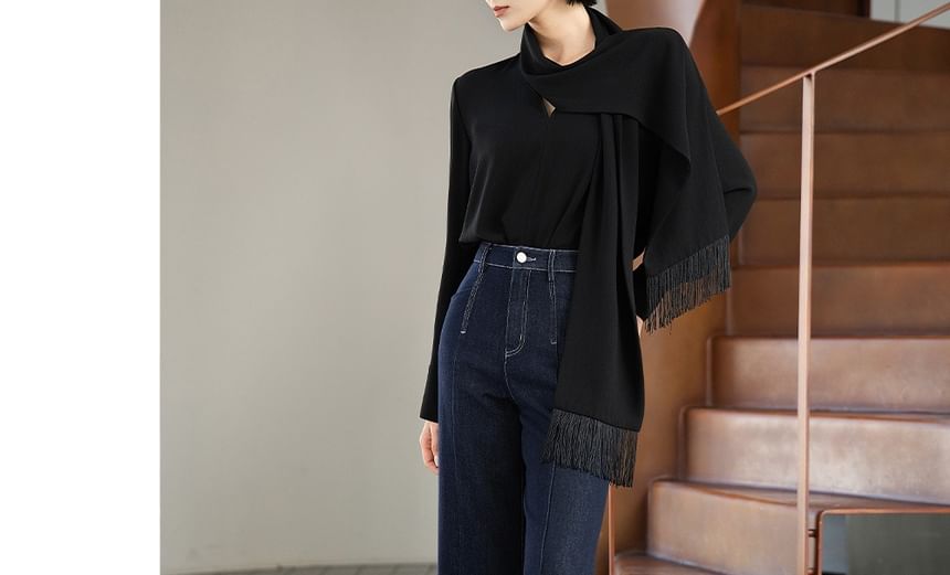 Long-Sleeve Tie-Neck Plain Blouse