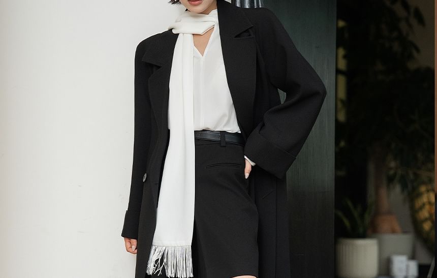 Long-Sleeve Tie-Neck Plain Blouse