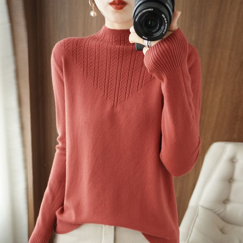 Long-Sleeve Mock Neck Plain Jacquard Knit Top