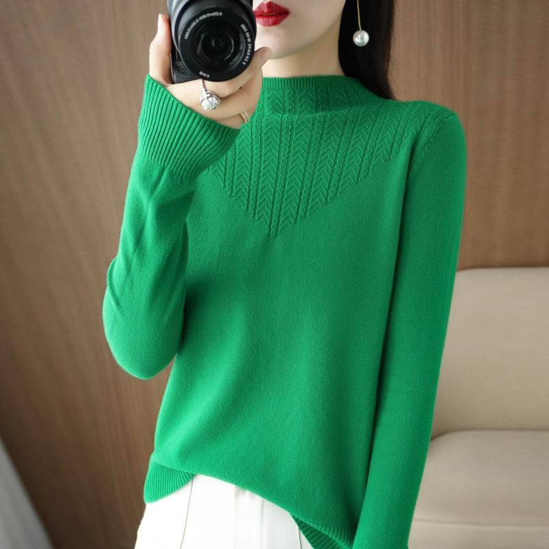Long-Sleeve Mock Neck Plain Jacquard Knit Top