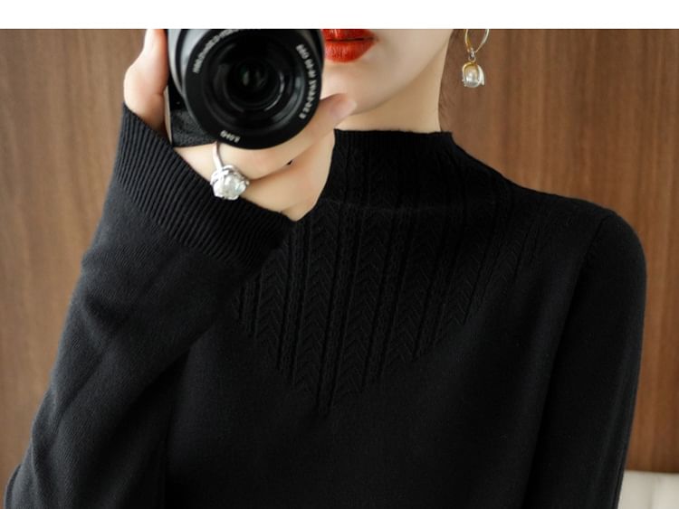 Long-Sleeve Mock Neck Plain Jacquard Knit Top