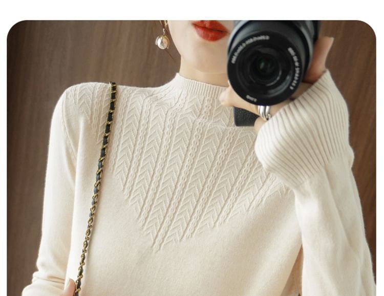 Long-Sleeve Mock Neck Plain Jacquard Knit Top