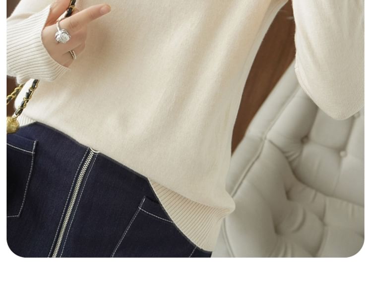 Long-Sleeve Mock Neck Plain Jacquard Knit Top