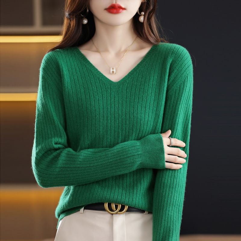 Long-Sleeve V-Neck Plain Knit Top