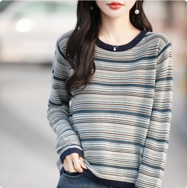 Long-Sleeve Round Neck Striped Contrast Trim Perforated Knit Top