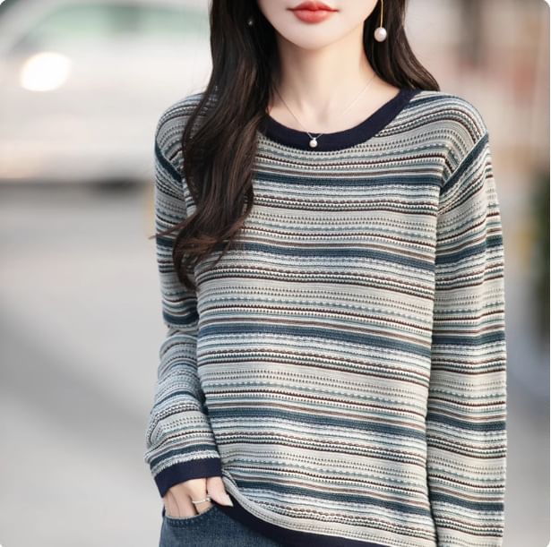 Long-Sleeve Round Neck Striped Contrast Trim Perforated Knit Top