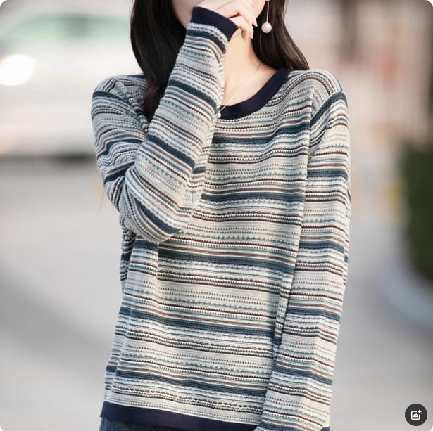 Long-Sleeve Round Neck Striped Contrast Trim Perforated Knit Top
