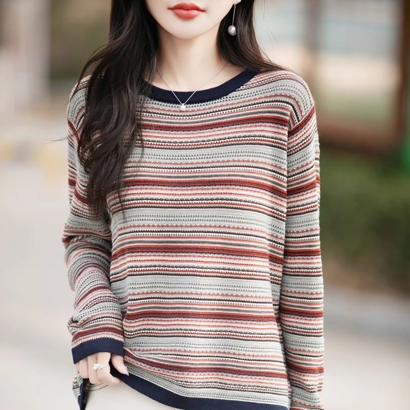 Long-Sleeve Round Neck Striped Contrast Trim Perforated Knit Top