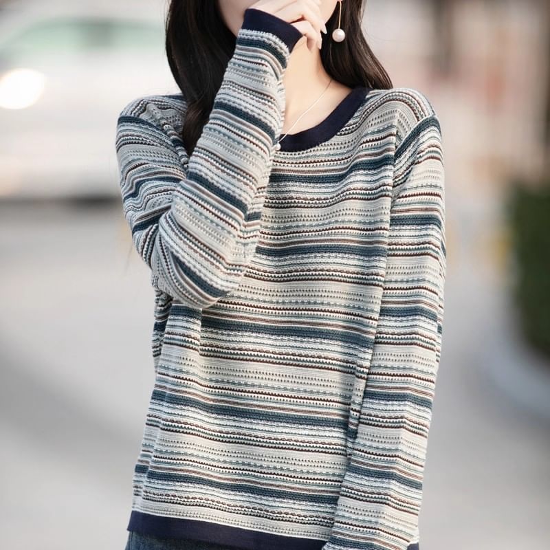 Long-Sleeve Round Neck Striped Contrast Trim Perforated Knit Top