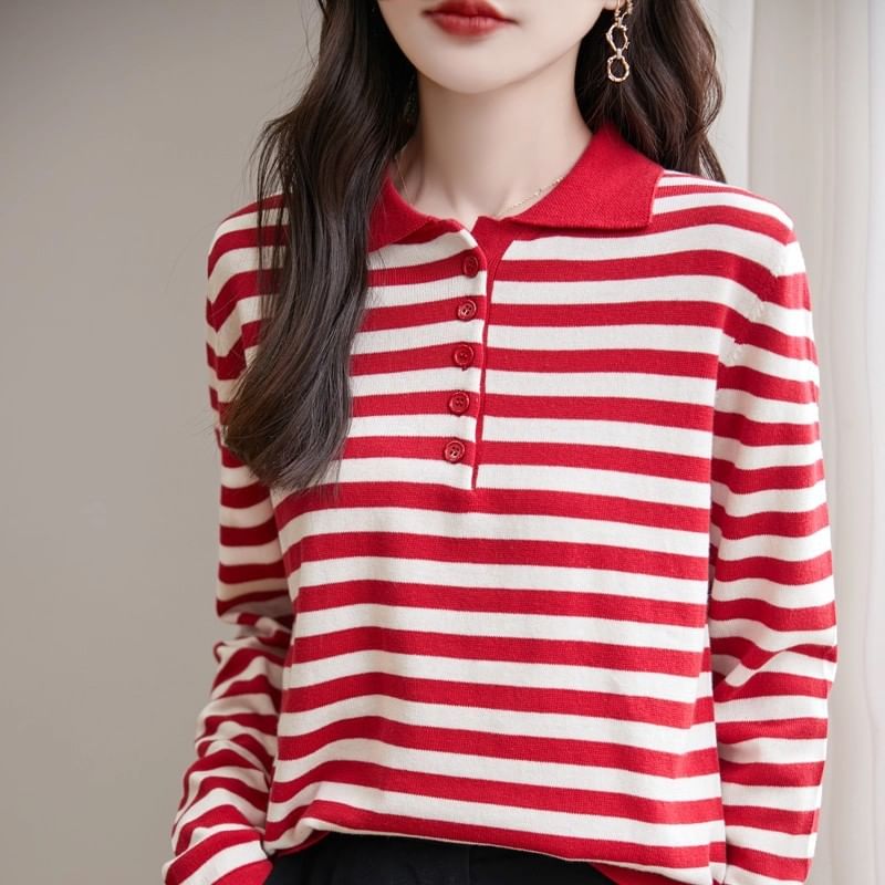 Long-Sleeve Striped Knit Polo Shirt