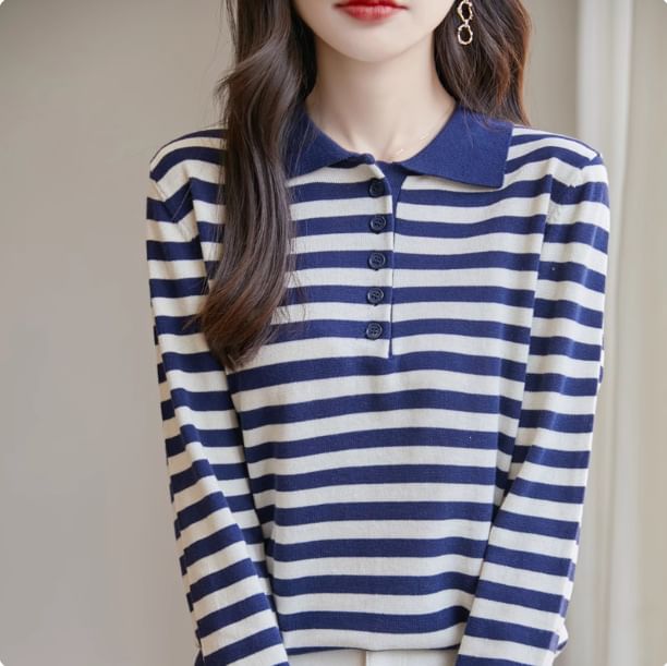 Long-Sleeve Striped Knit Polo Shirt