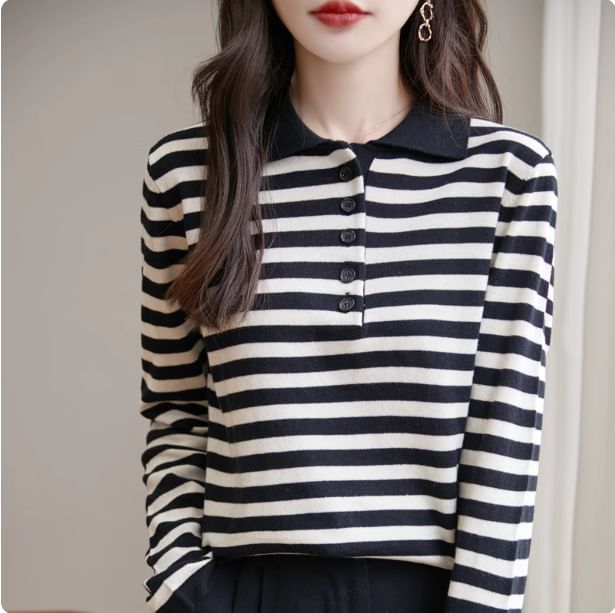 Long-Sleeve Striped Knit Polo Shirt