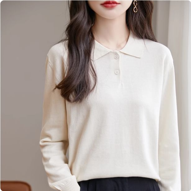 Long-Sleeve Plain Knit Polo Shirt