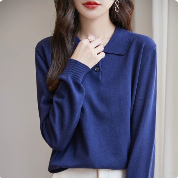 Long-Sleeve Plain Knit Polo Shirt