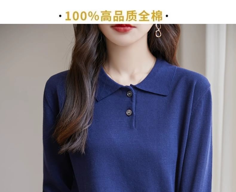 Long-Sleeve Plain Knit Polo Shirt