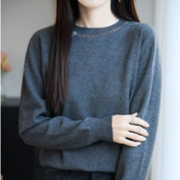 Long-Sleeve Crew Neck Rhinestone Accent Knit Top