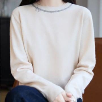 Long-Sleeve Crew Neck Rhinestone Accent Knit Top