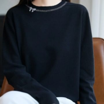 Long-Sleeve Crew Neck Rhinestone Accent Knit Top