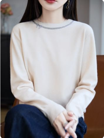 Long-Sleeve Crew Neck Rhinestone Accent Knit Top