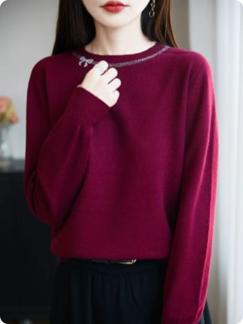 Long-Sleeve Crew Neck Rhinestone Accent Knit Top