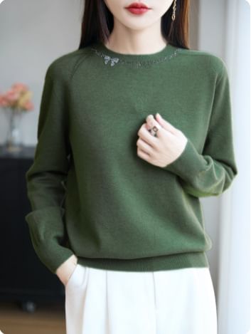 Long-Sleeve Crew Neck Rhinestone Accent Knit Top