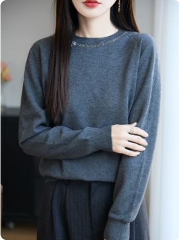 Long-Sleeve Crew Neck Rhinestone Accent Knit Top