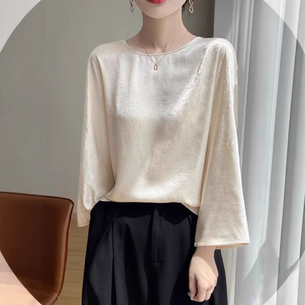 3/4-Sleeve Round Neck Plain Satin Blouse