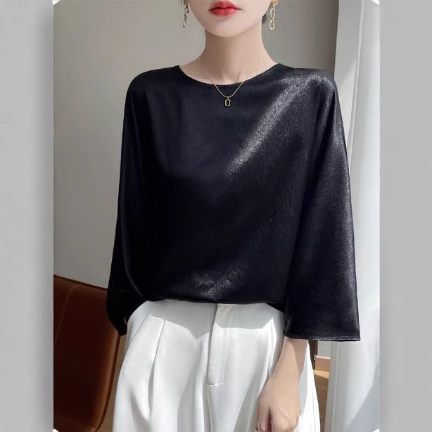 3/4-Sleeve Round Neck Plain Satin Blouse