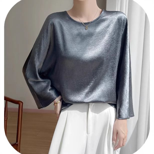 3/4-Sleeve Round Neck Plain Satin Blouse
