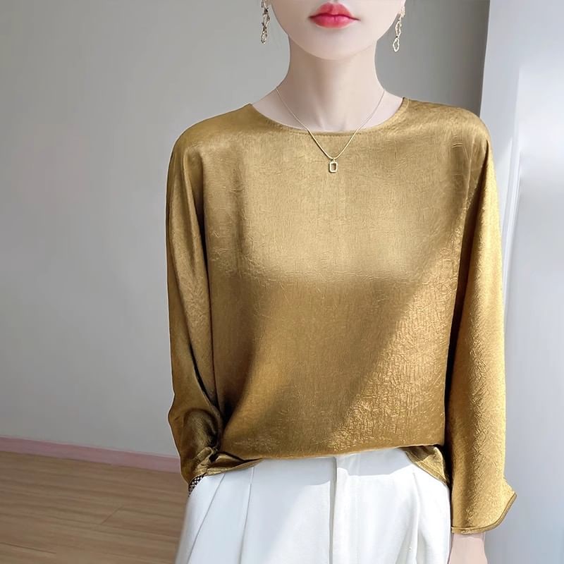 3/4-Sleeve Round Neck Plain Satin Blouse