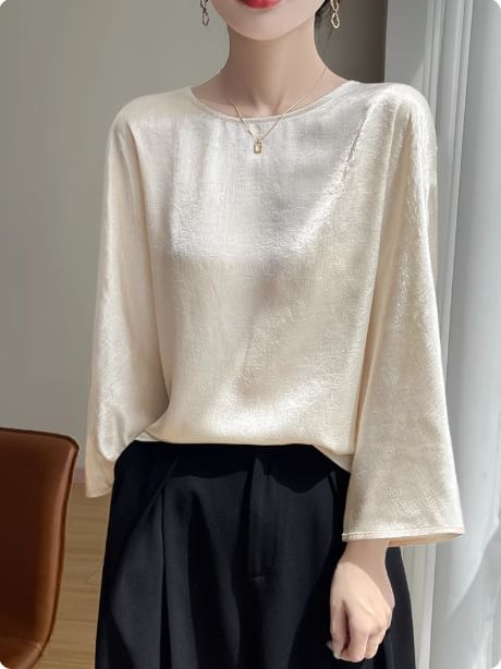 3/4-Sleeve Round Neck Plain Satin Blouse