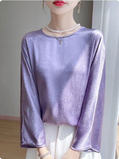 3/4-Sleeve Round Neck Plain Satin Blouse