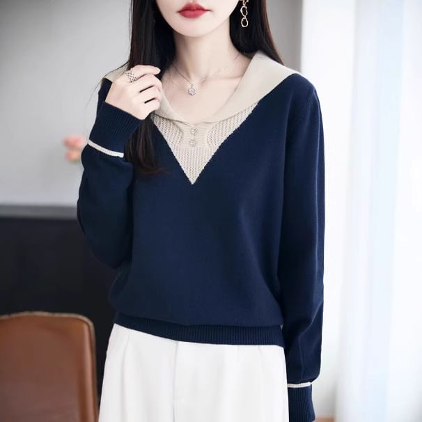 Long-Sleeve Shawl Collar Two Tone Knit Top