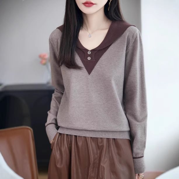 Long-Sleeve Shawl Collar Two Tone Knit Top