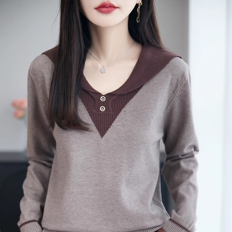 Long-Sleeve Shawl Collar Two Tone Knit Top