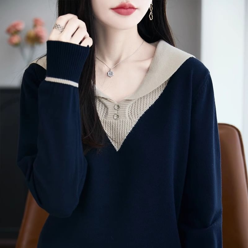 Long-Sleeve Shawl Collar Two Tone Knit Top
