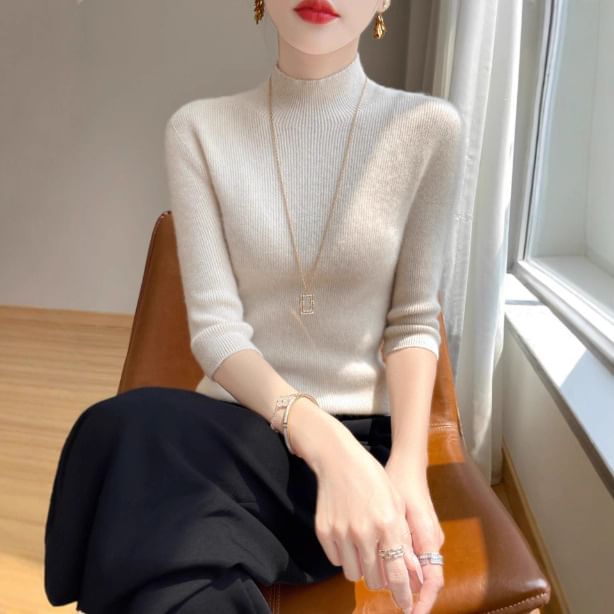 3/4-Sleeve Mock Neck Plain Ribbed Knit Top
