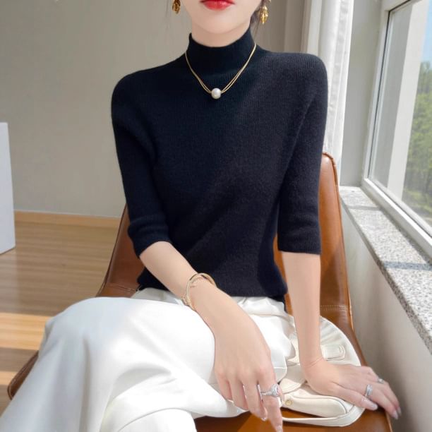 3/4-Sleeve Mock Neck Plain Ribbed Knit Top