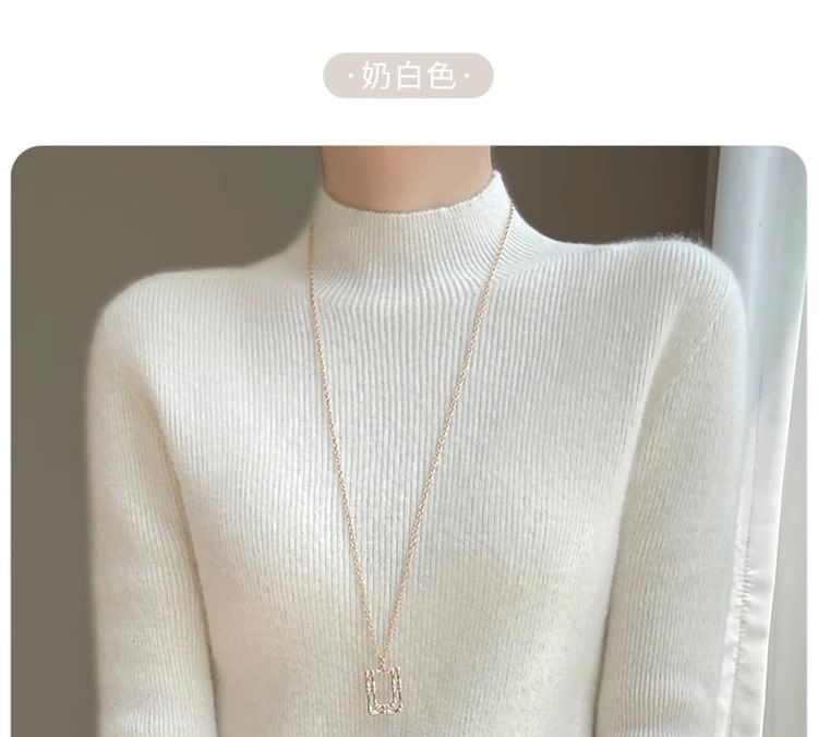 3/4-Sleeve Mock Neck Plain Ribbed Knit Top