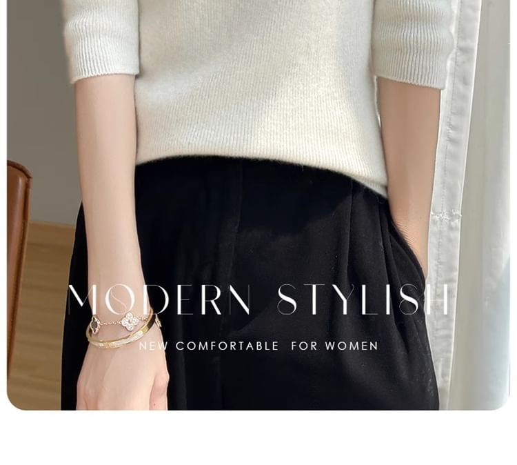 3/4-Sleeve Mock Neck Plain Ribbed Knit Top