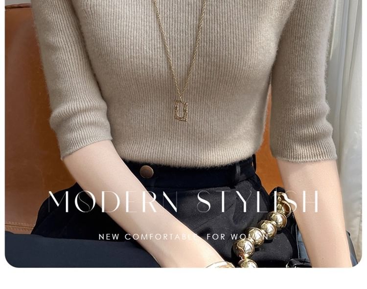 3/4-Sleeve Mock Neck Plain Ribbed Knit Top