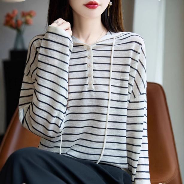 Striped Drawstring Knit Hoodie