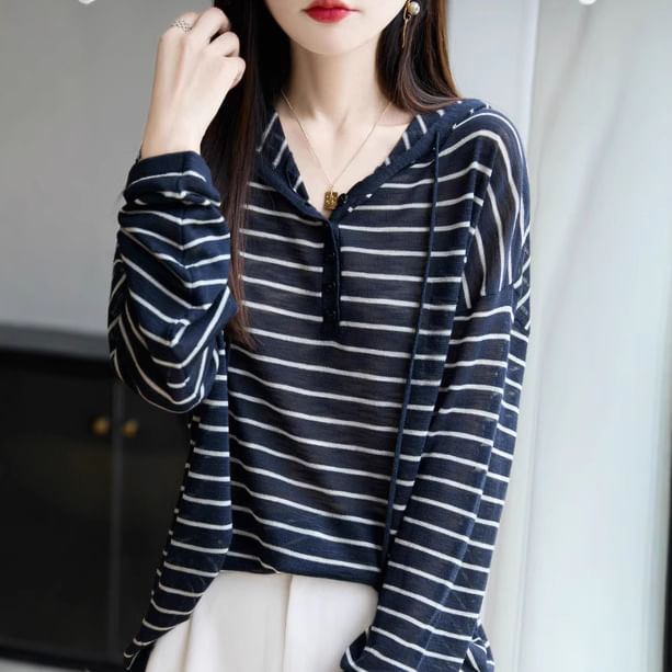 Striped Drawstring Knit Hoodie